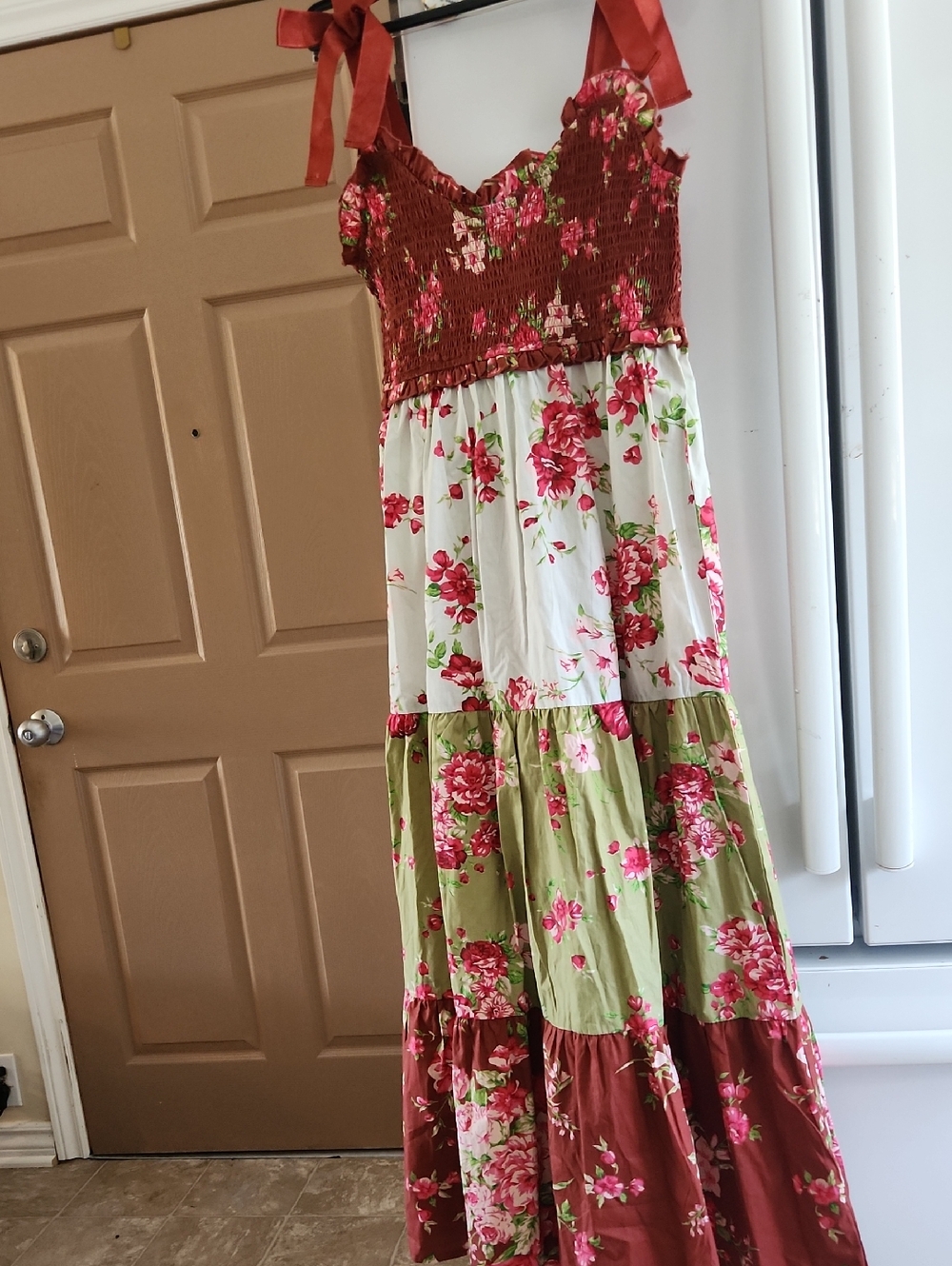 Rebellion Floral Tiered Maxi Dress with Ribbon Straps Sz MED